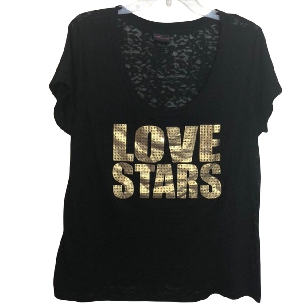 Torrid Women Black Burnout Graphic Tee Gold Foil Love Stars Scoop Neck Size 1